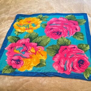 Oscar de la Renta Turquoise Floral Silk Scarf with Pink and Yellow Roses